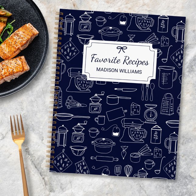 Modern Vintage Kitchen Utensils Cute Doodle Recipe Notebook (In situ)