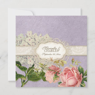 Modern Vintage Lace Tea Stained Hydrangea n Roses Invitation