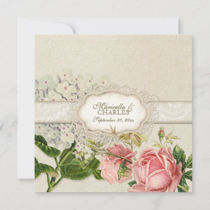 Modern Vintage Lace Tea Stained Hydrangea n Roses Invitation