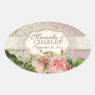 Modern Vintage Lace Tea Stained Hydrangea n Roses Oval Sticker
