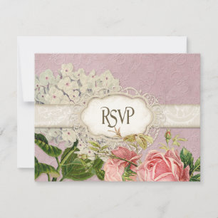 Modern Vintage Lace Tea Stained Hydrangea n Roses RSVP Card