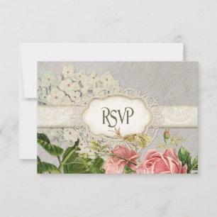 Modern Vintage Lace Tea Stained Hydrangea n Roses RSVP Card