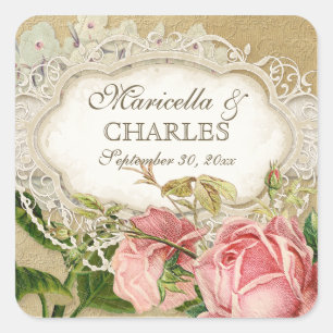 Modern Vintage Lace Tea Stained Hydrangea n Roses Square Sticker