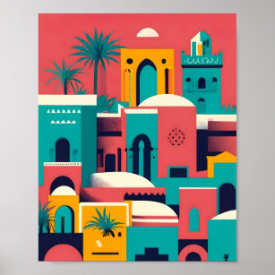 Modern Vintage Marrakech Morocco Flat Vector Art Poster