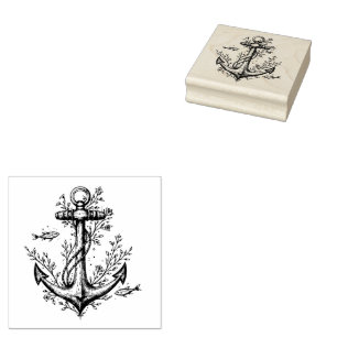 Modern Vintage Nautical Anchor with Fish & Florals Rubber Stamp