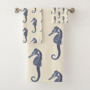 Modern Vintage Navy Blue Seahorse on Beige Cream Bath Towel Set