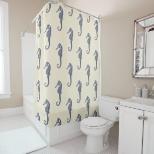 Modern Vintage Navy Blue Seahorse on Beige Cream Shower Curtain