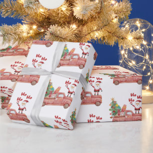 Modern vintage pattern Santa tree red truck Xmas Wrapping Paper
