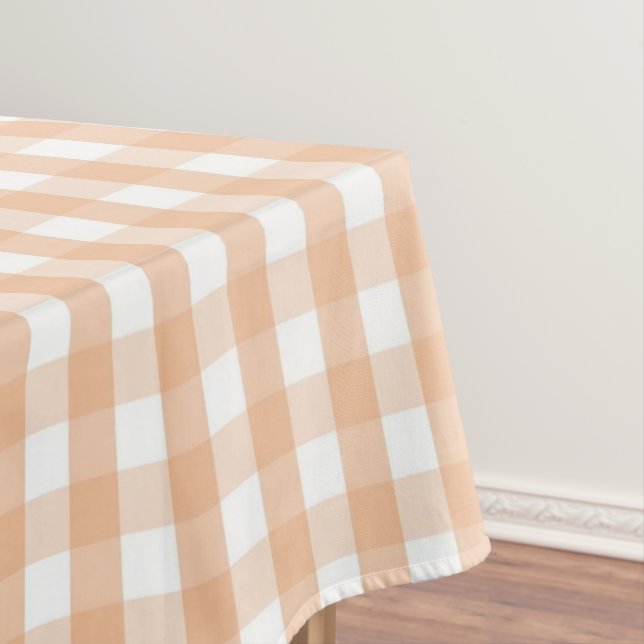 Modern Vintage Peach Gingham Pattern Spring Summer Tablecloth (In Situ)