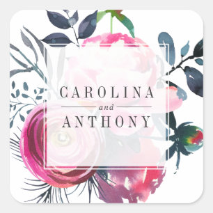Modern Vintage Peony Watercolor Floral Square Sticker