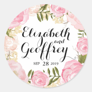 Modern Vintage Pink Floral Personalised Wedding Classic Round Sticker
