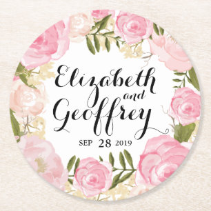 Modern Vintage Pink Floral Personalised Wedding Round Paper Coaster