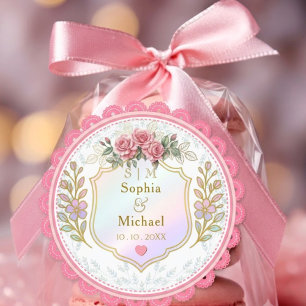 Modern Vintage Pink Floral Rose Wedding Favour Classic Round Sticker