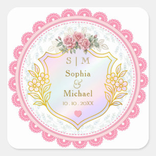 Modern Vintage Pink Floral Rose Wedding Favour Square Sticker
