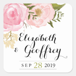 Modern Vintage Pink Floral Wedding Custom Favour Square Sticker