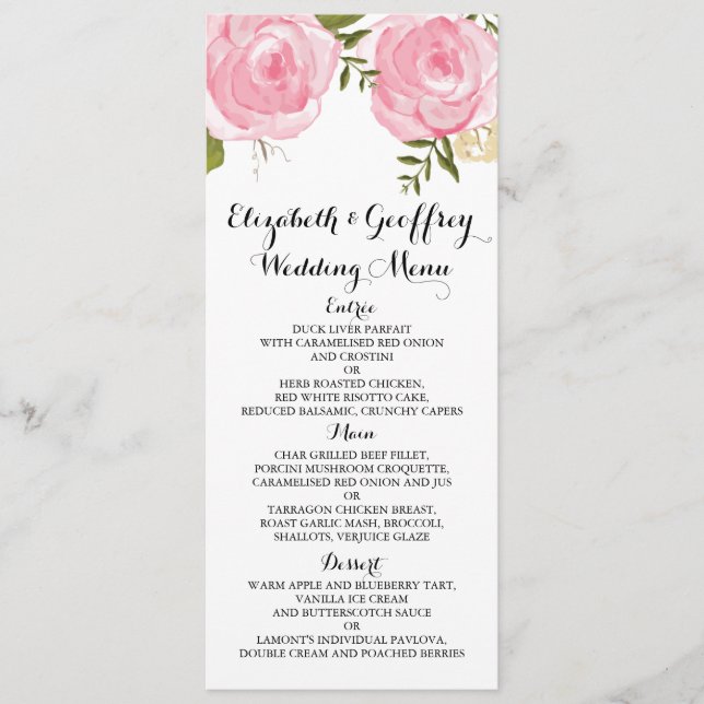 Modern Vintage Pink Floral Wedding Menu (Front)