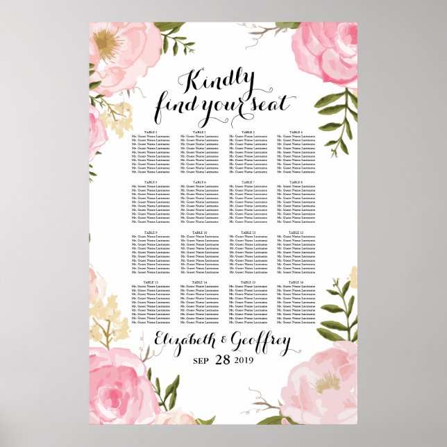 Modern Vintage Pink Floral Wedding Seating Chart (Front)