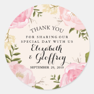 Modern Vintage Pink Floral Wedding Thank You Favou Classic Round Sticker