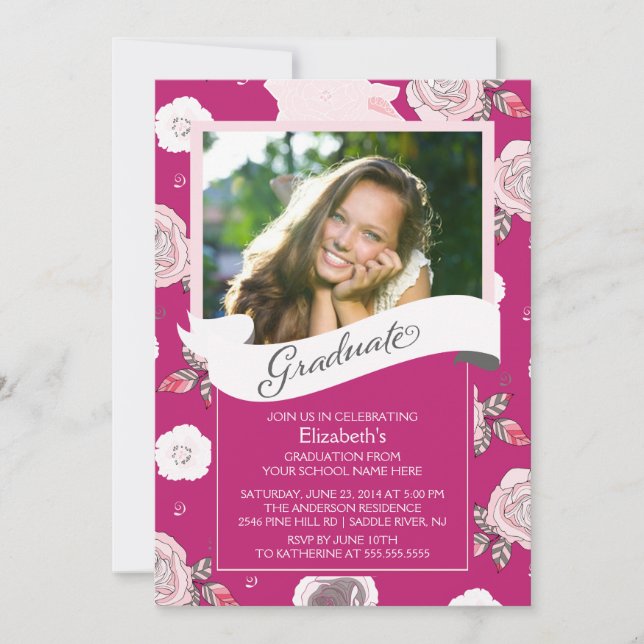 Modern Vintage Pink Flowers Graduation Invitation (Front)