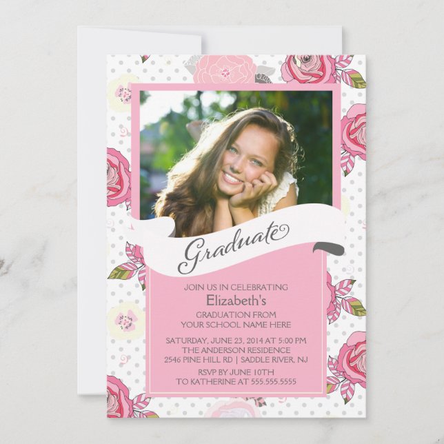 Modern Vintage Pink Flowers Graduation Invitation (Front)
