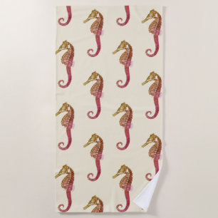 Modern Vintage Pink Red Seahorse on Beige Cream Beach Towel