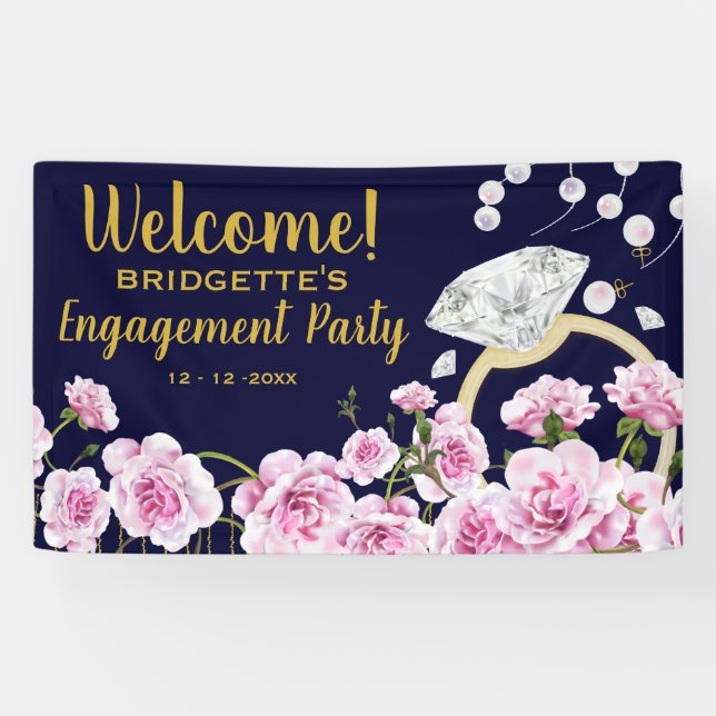 Modern Vintage Pink Roses Pearls Engagement Banner (Horizontal)