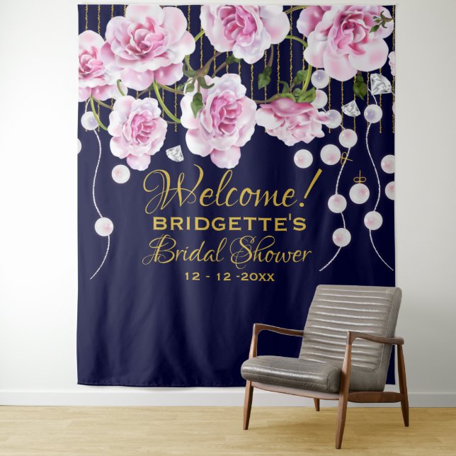 Modern Vintage Pink Roses Pearls Wedding Tapestry (In Situ)