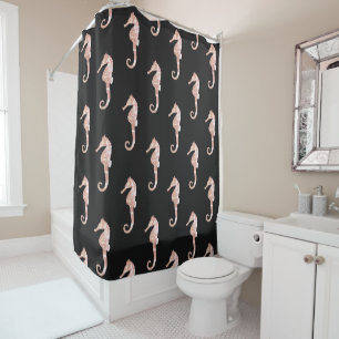 Modern Vintage Pink Seahorse Black  Shower Curtain