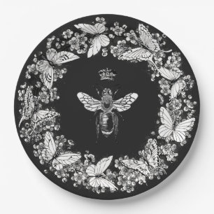 Modern Vintage Queen Bee Crown Butterfly Wreath Paper Plate