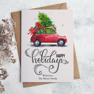 Modern Vintage Red Car Flat Holiday Card