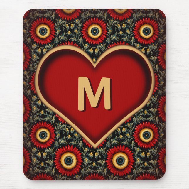 Modern Vintage Red Monogram Heart Mousepad (Front)