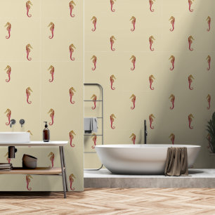 Modern Vintage Red Seahorse on Beige Wallpaper