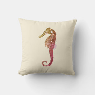 Modern Vintage Red Seahorse on Cream Beige Cushion