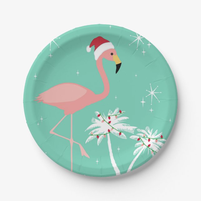 MODERN VINTAGE RETRO CHRISTMAS FLAMINGO PAPER PLATE (Front)