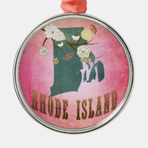 Modern Vintage Rhode Island State Map- Candy Pink Metal Tree Decoration