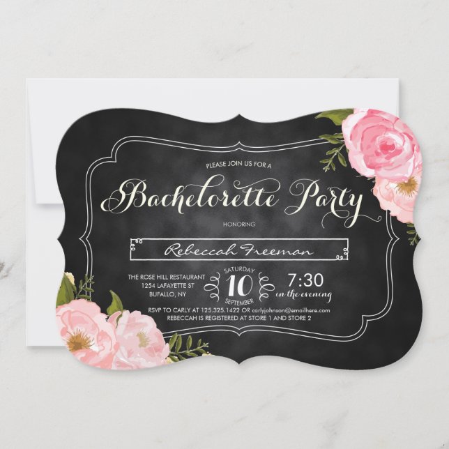 Modern Vintage Roses Chalkboard Bacherolette Party Invitation (Front)