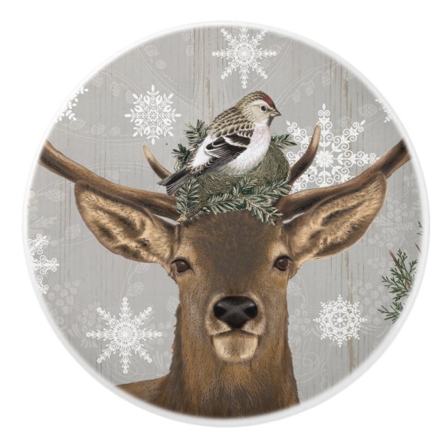 modern vintage rustic winter deer ceramic knob (Front)