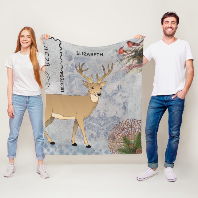 Modern Vintage Rustic Winter Deer Snowflakes Fleece Blanket (In Situ)