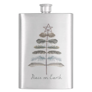 modern vintage rustic winter feather tree hip flask