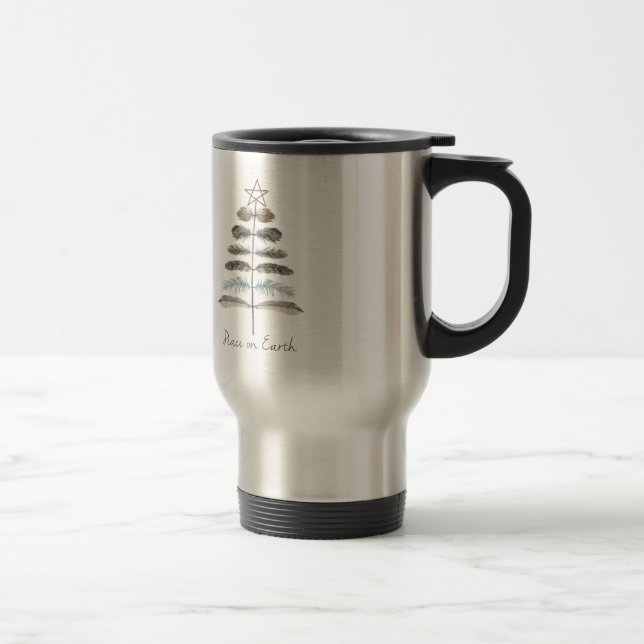 modern vintage rustic winter feather tree travel mug (Right)