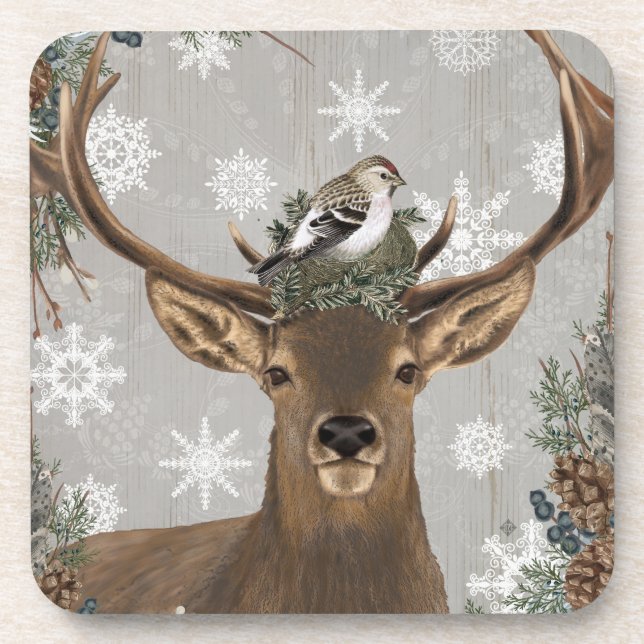 modern vintage rustic woodland winter deer coaster (Front)
