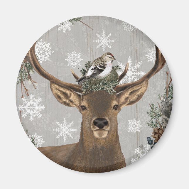 modern vintage rustic woodland winter deer magnet (Front)
