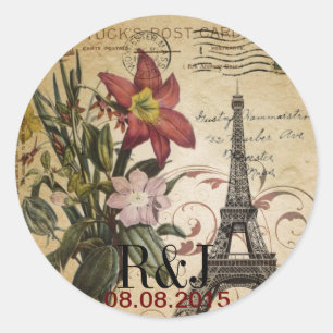 modern vintage scripts lily Paris Eiffel Tower Classic Round Sticker