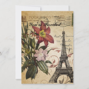 modern vintage scripts lily Paris Eiffel Tower Invitation