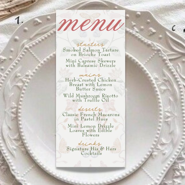 Modern Vintage Soft Blush Botanical Wedding Dinner Menu (Creator Uploaded)