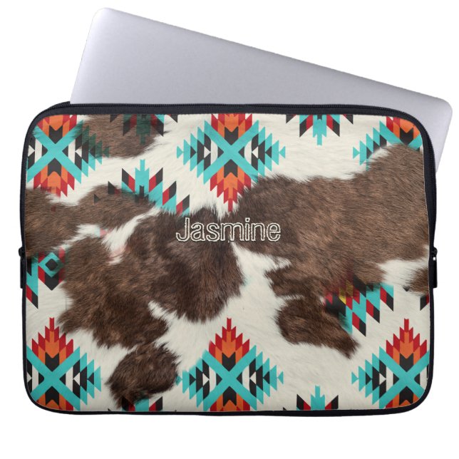Modern Vintage SouthWestern Cowhide Aztec Pattern Laptop Sleeve (Front)