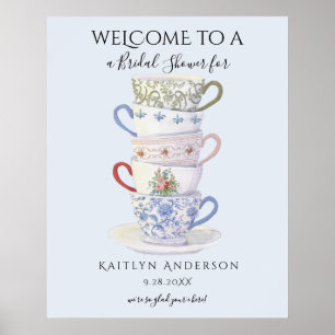 Modern Vintage Tea Cups Watercolor Bridal Shower Poster