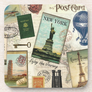 modern vintage travel collage coaster