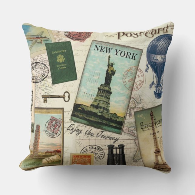 modern vintage travel collage cushion (Front)
