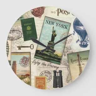 modern vintage travel collage large clock